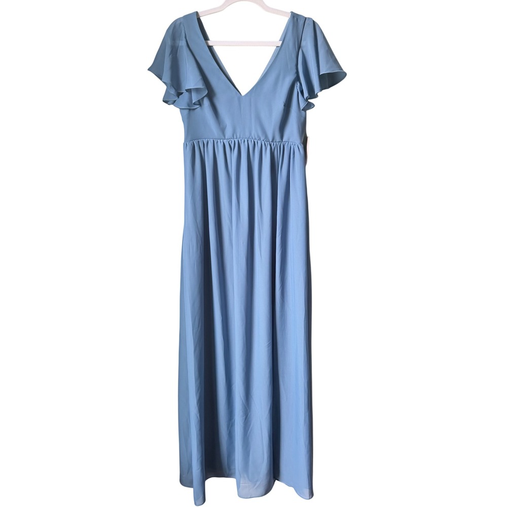 Birdy Grey Hannah Chiffon Maxi Dress Baby Blue V-Neck Flutter Sleeve Small NWT